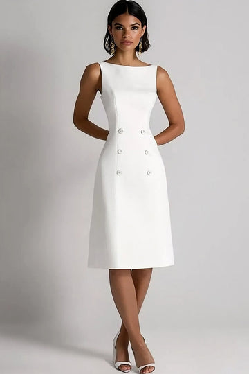 Ivory Satin A Line Double Breasted Boat Neck Midi Work Dress